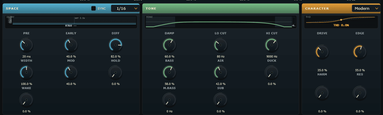 Mothman — the SPACE reverb, TONE and CHARACTER modules with their knobs
