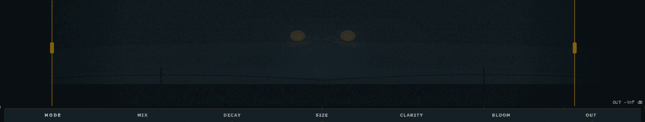 Mothman — the space visualizer: two amber eyes glowing in the dark tail, above the reverb master controls