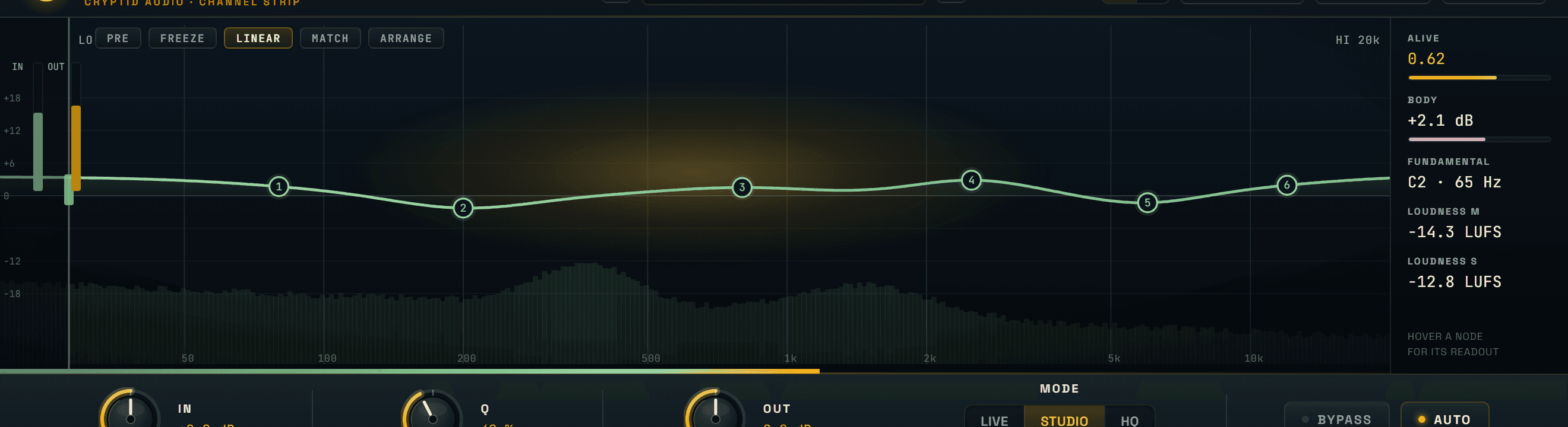 Aura detail — the amber aura glowing over the EQ curve where the sound is alive