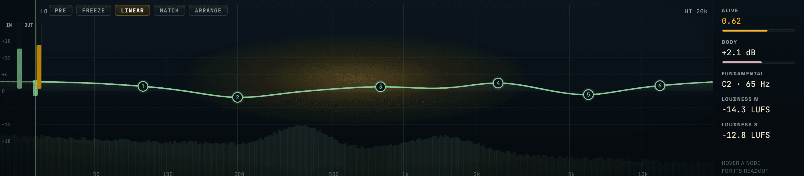 Aura — the amber aura glowing over the EQ curve, with the readout panel
